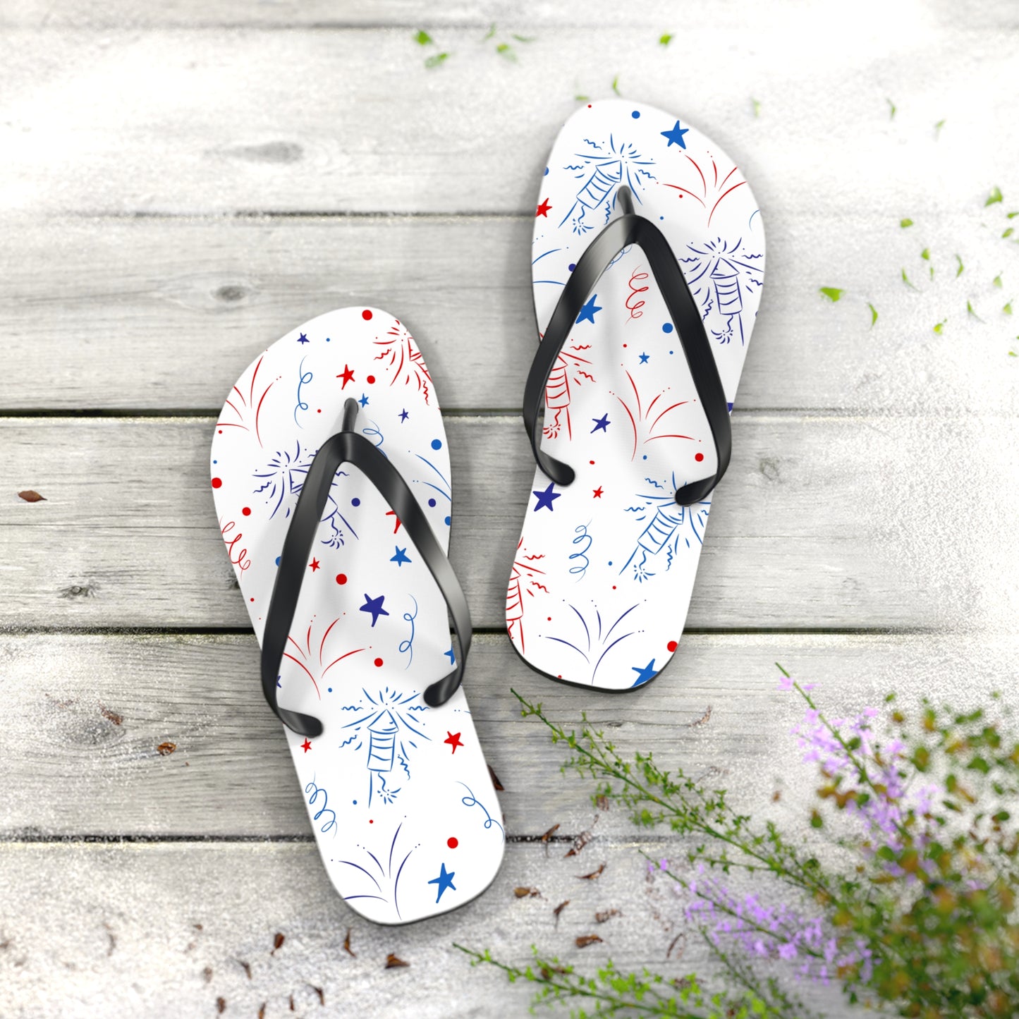 Patriotic Flip Flops with Fireworks Design - Perfect for Summer Celebrations