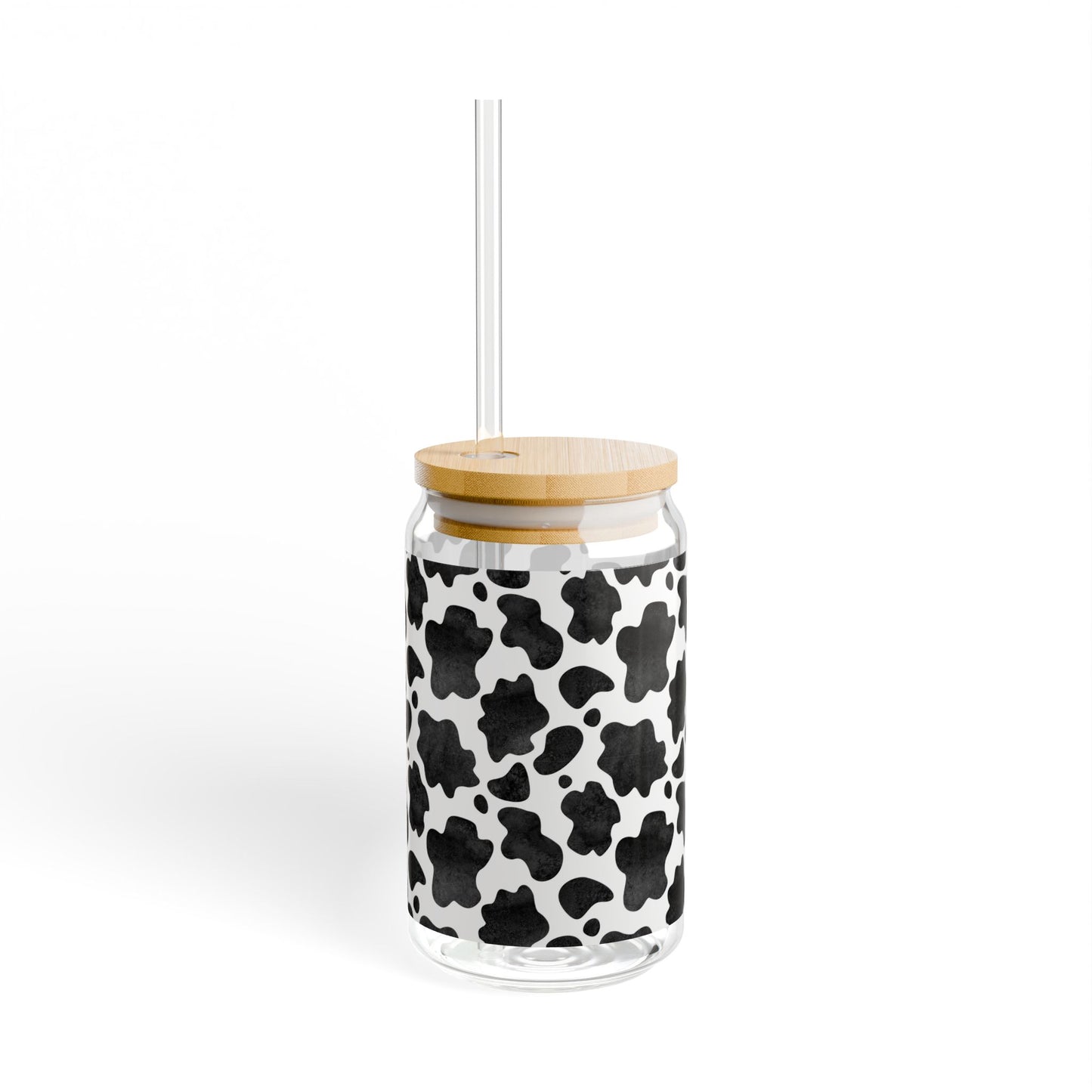Cow Print Sipper Glass - 16oz Eco-Friendly Drinkware with Bamboo Lid