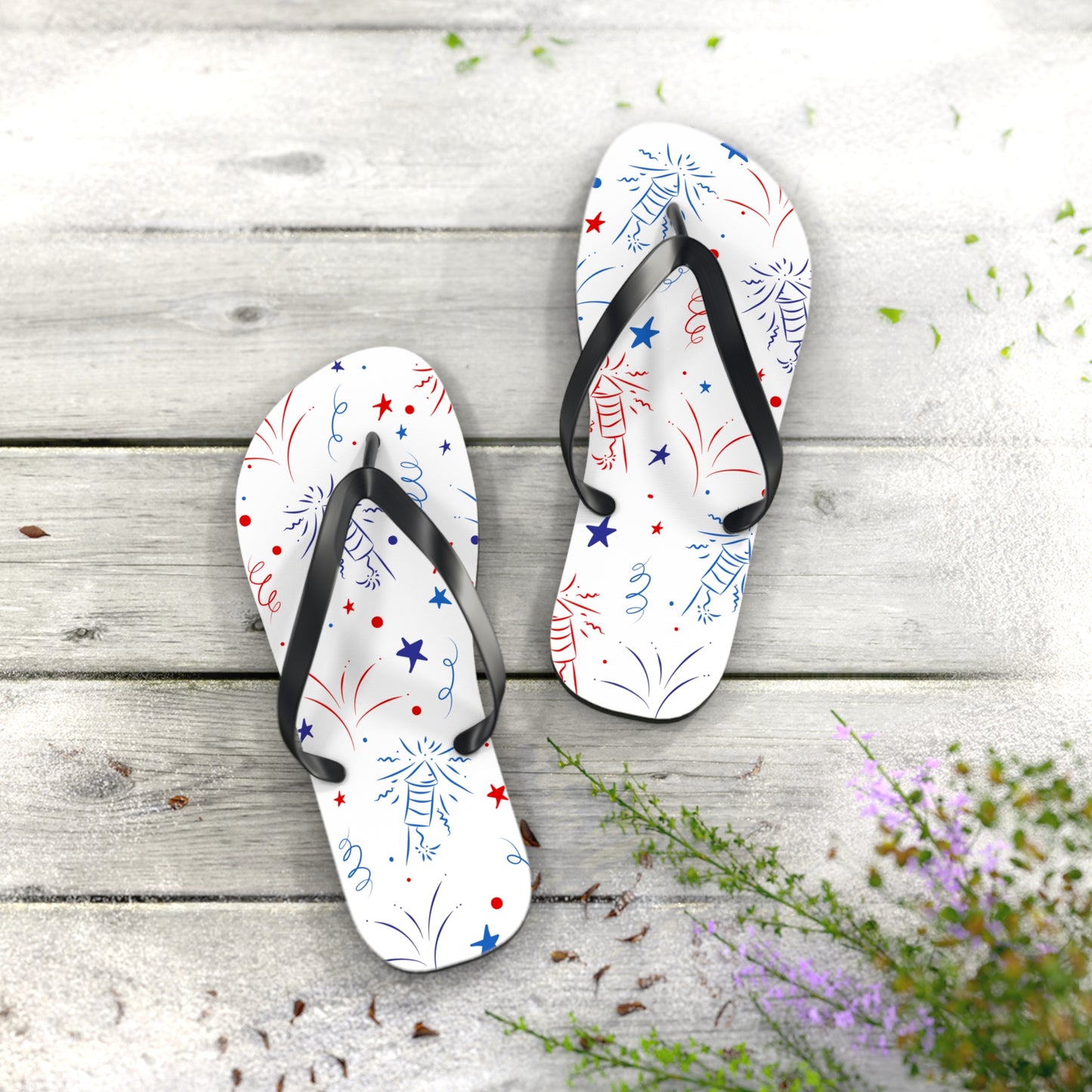 Patriotic Flip Flops with Fireworks Design - Perfect for Summer Celebrations