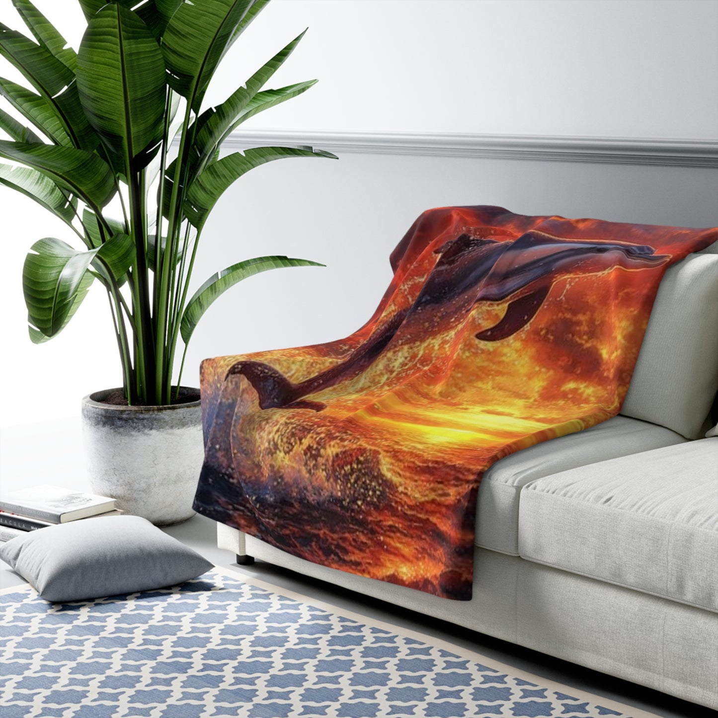 Dolphin Sunset Sherpa Fleece Blanket - Cozy Outdoor Blanket for Beach Lovers