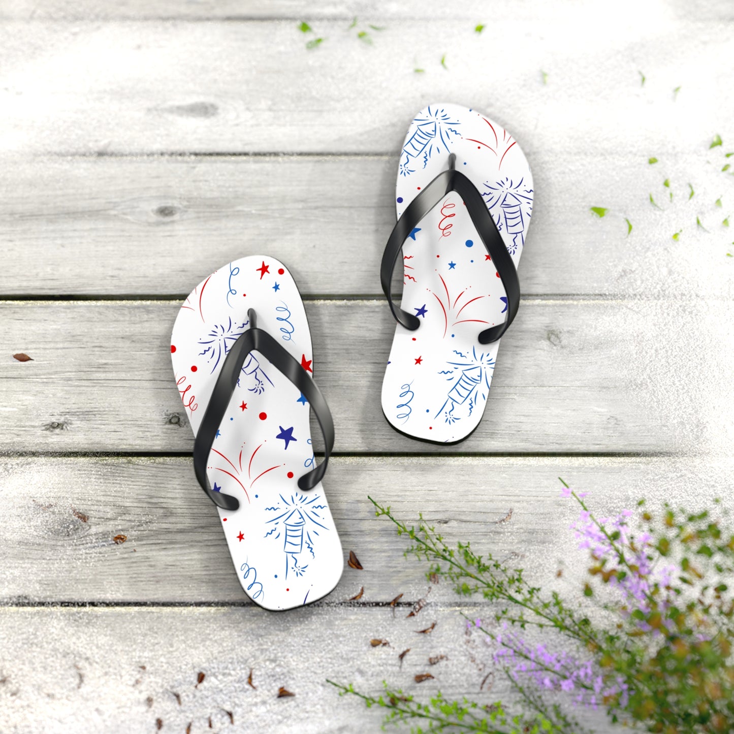 Patriotic Flip Flops with Fireworks Design - Perfect for Summer Celebrations