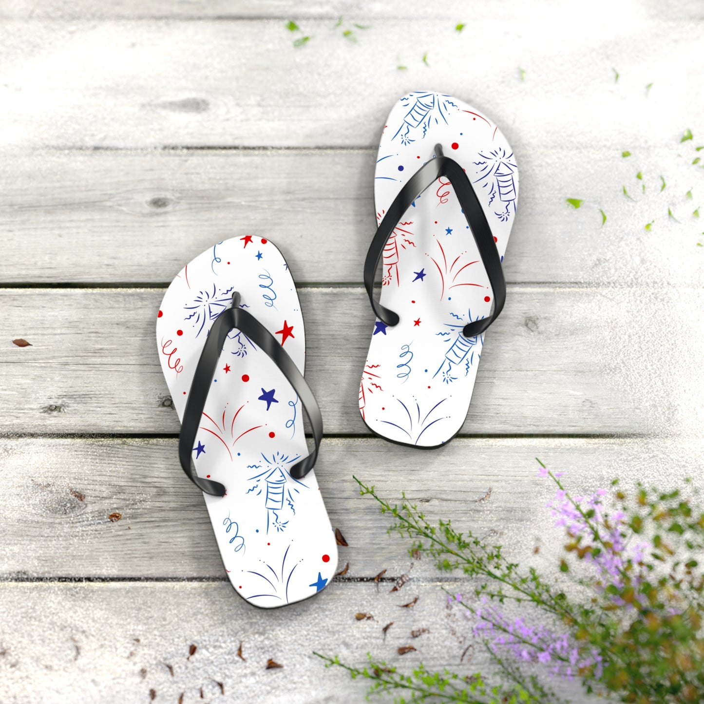 Patriotic Flip Flops with Fireworks Design - Perfect for Summer Celebrations